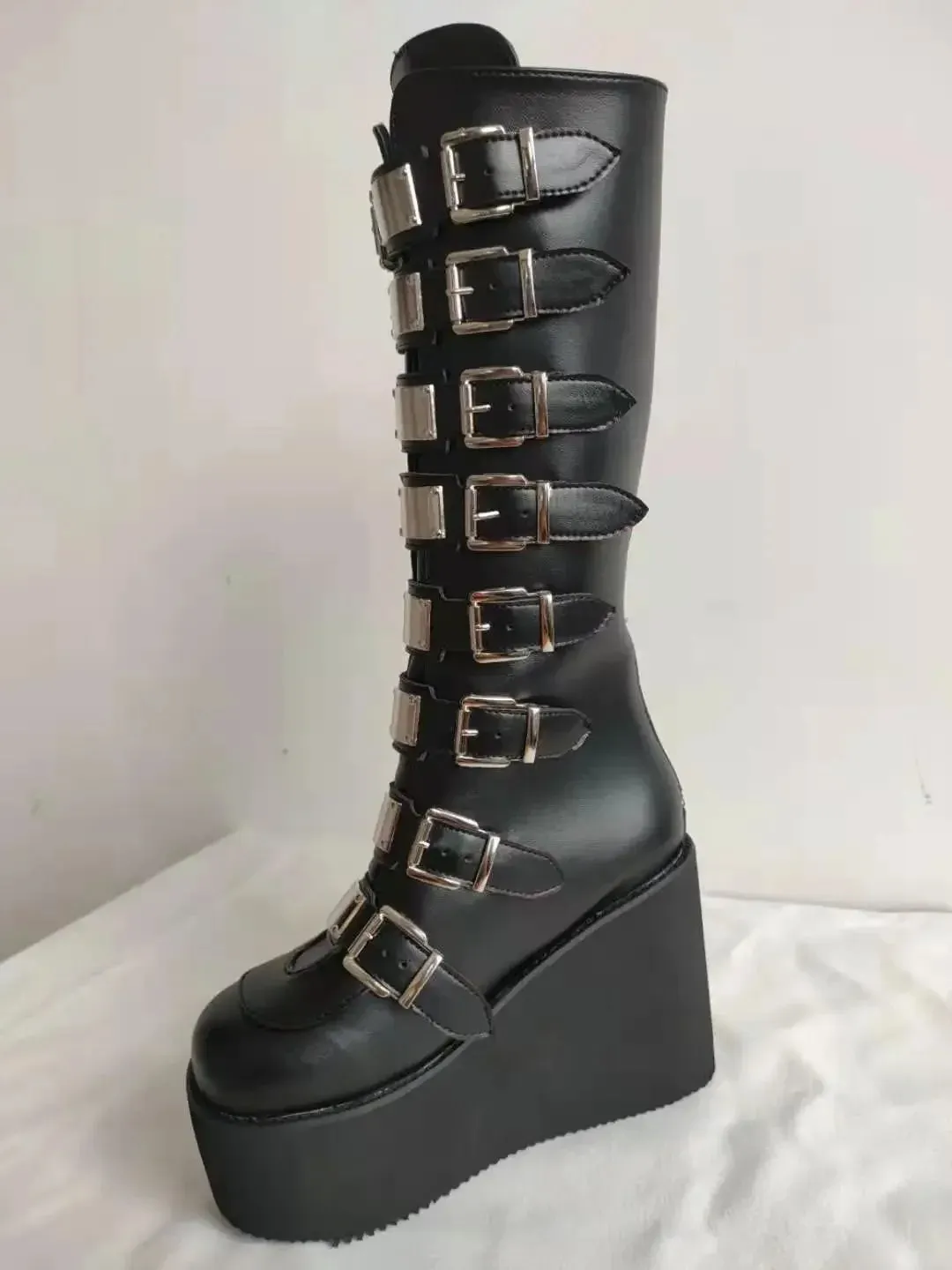 Cosplay High Heel Platform Boots - Wedge Gothic Long Tube Leather Boots with Buckle Strap, Plus Size for Women