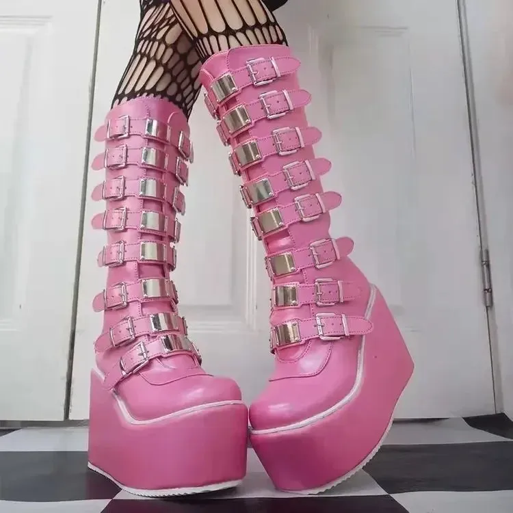 Cosplay High Heel Platform Boots - Wedge Gothic Long Tube Leather Boots with Buckle Strap, Plus Size for Women