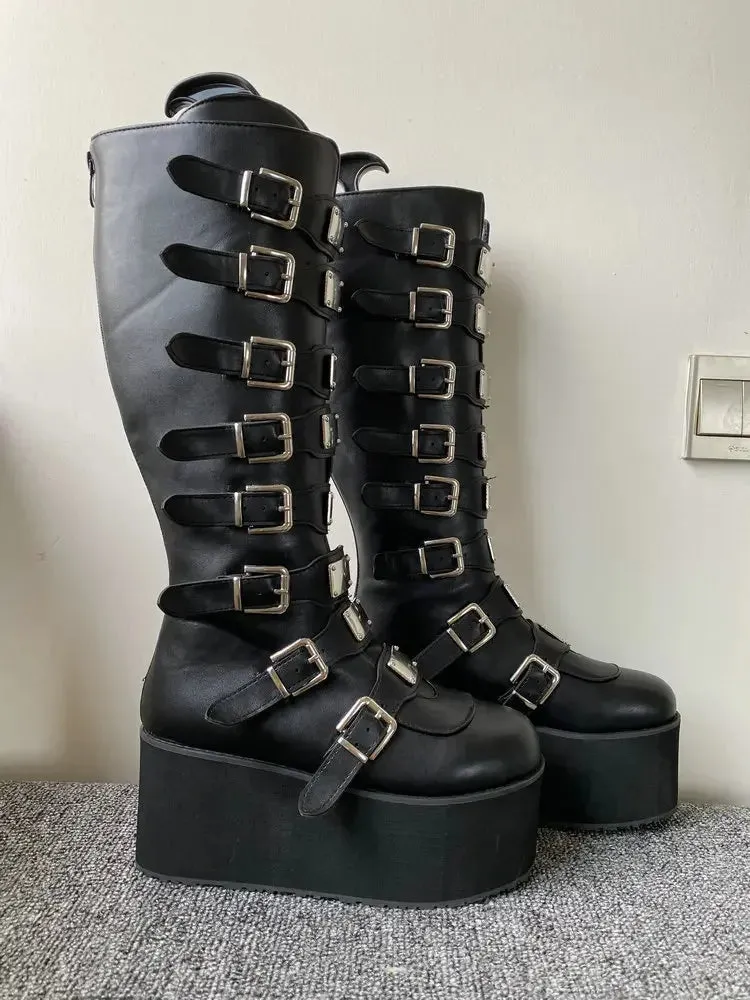 Cosplay High Heel Platform Boots - Wedge Gothic Long Tube Leather Boots with Buckle Strap, Plus Size for Women