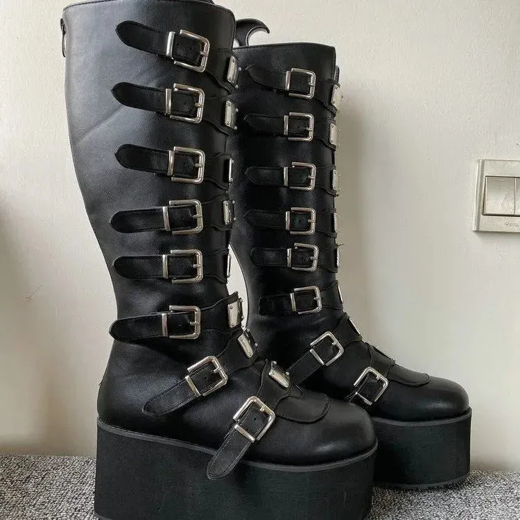 Cosplay High Heel Platform Boots - Wedge Gothic Long Tube Leather Boots with Buckle Strap, Plus Size for Women