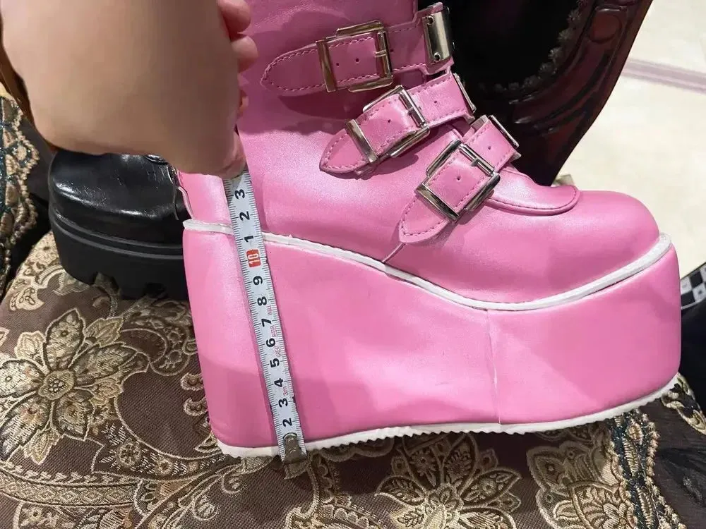 Cosplay High Heel Platform Boots - Wedge Gothic Long Tube Leather Boots with Buckle Strap, Plus Size for Women