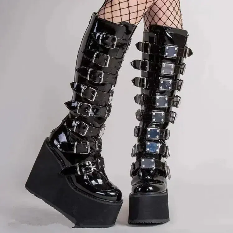 Cosplay High Heel Platform Boots - Wedge Gothic Long Tube Leather Boots with Buckle Strap, Plus Size for Women