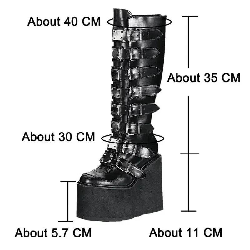 Cosplay High Heel Platform Boots - Wedge Gothic Long Tube Leather Boots with Buckle Strap, Plus Size for Women