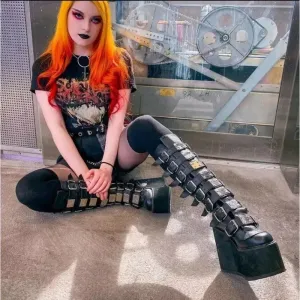 Cosplay High Heel Platform Boots - Wedge Gothic Long Tube Leather Boots with Buckle Strap, Plus Size for Women