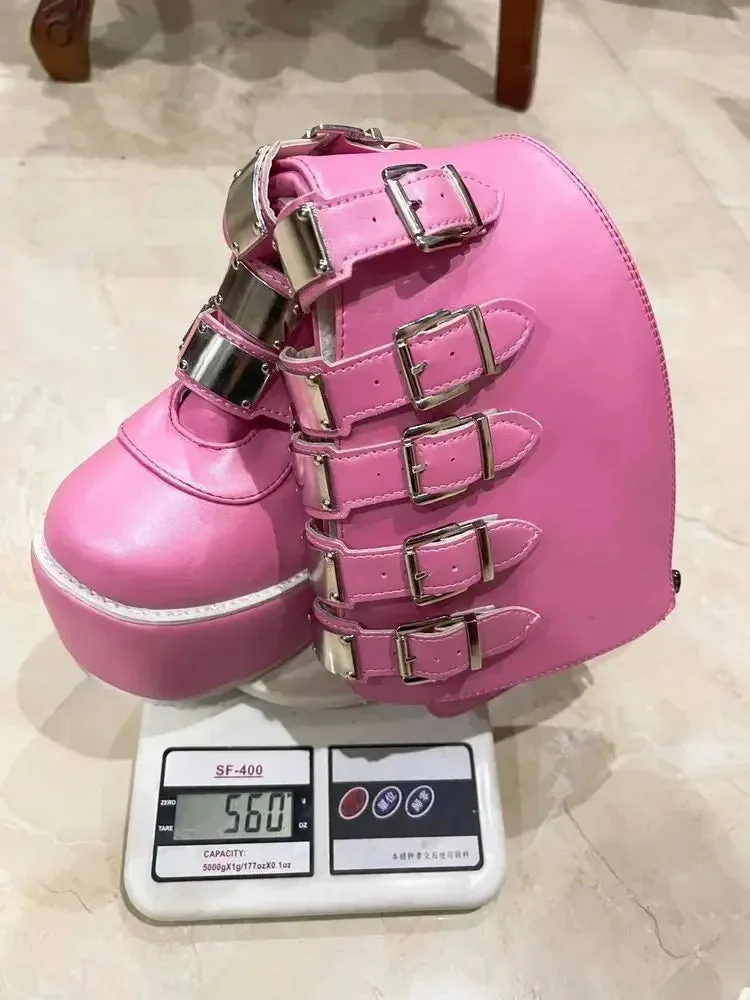 Cosplay High Heel Platform Boots - Wedge Gothic Long Tube Leather Boots with Buckle Strap, Plus Size for Women