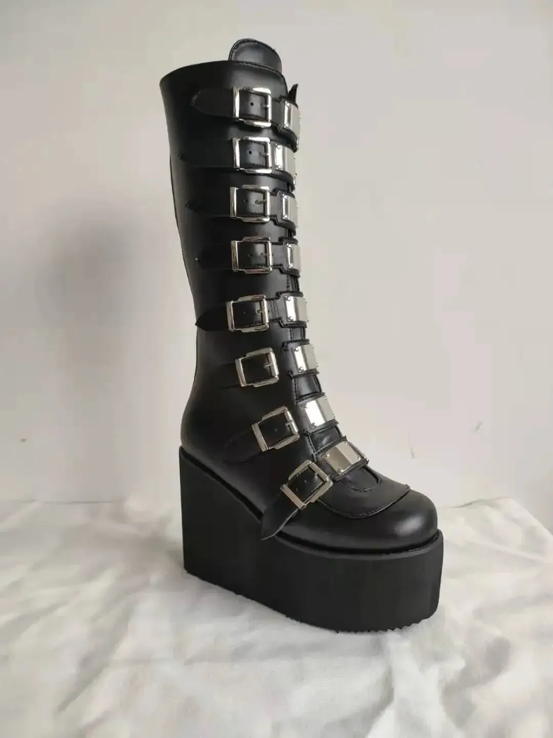 Cosplay High Heel Platform Boots - Wedge Gothic Long Tube Leather Boots with Buckle Strap, Plus Size for Women
