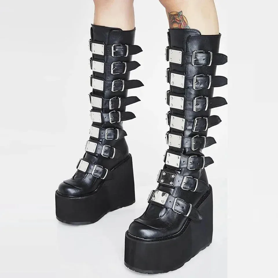 Cosplay High Heel Platform Boots - Wedge Gothic Long Tube Leather Boots with Buckle Strap, Plus Size for Women