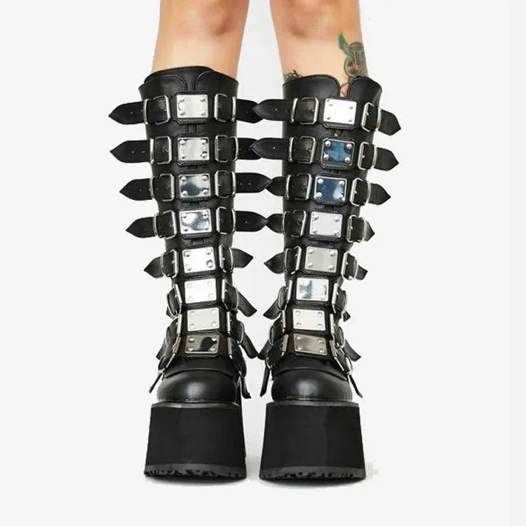Cosplay High Heel Platform Boots - Wedge Gothic Long Tube Leather Boots with Buckle Strap, Plus Size for Women