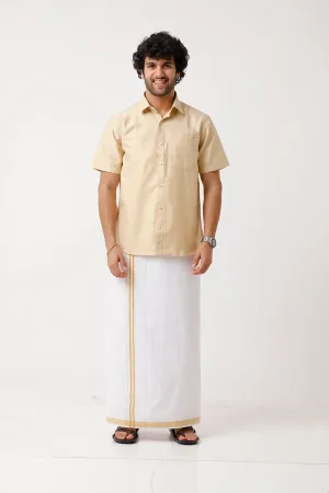 Divine - Flaxen Sandal Matching Shirt and Single Dhoti Set For Men | Uathayam