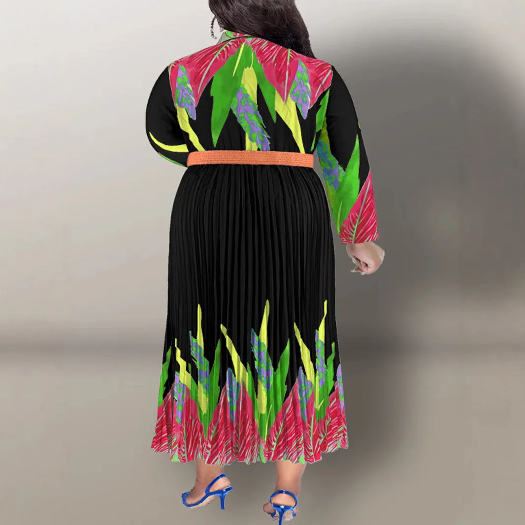 Elegant Floral Print Pleated Maxi Dress with Belt