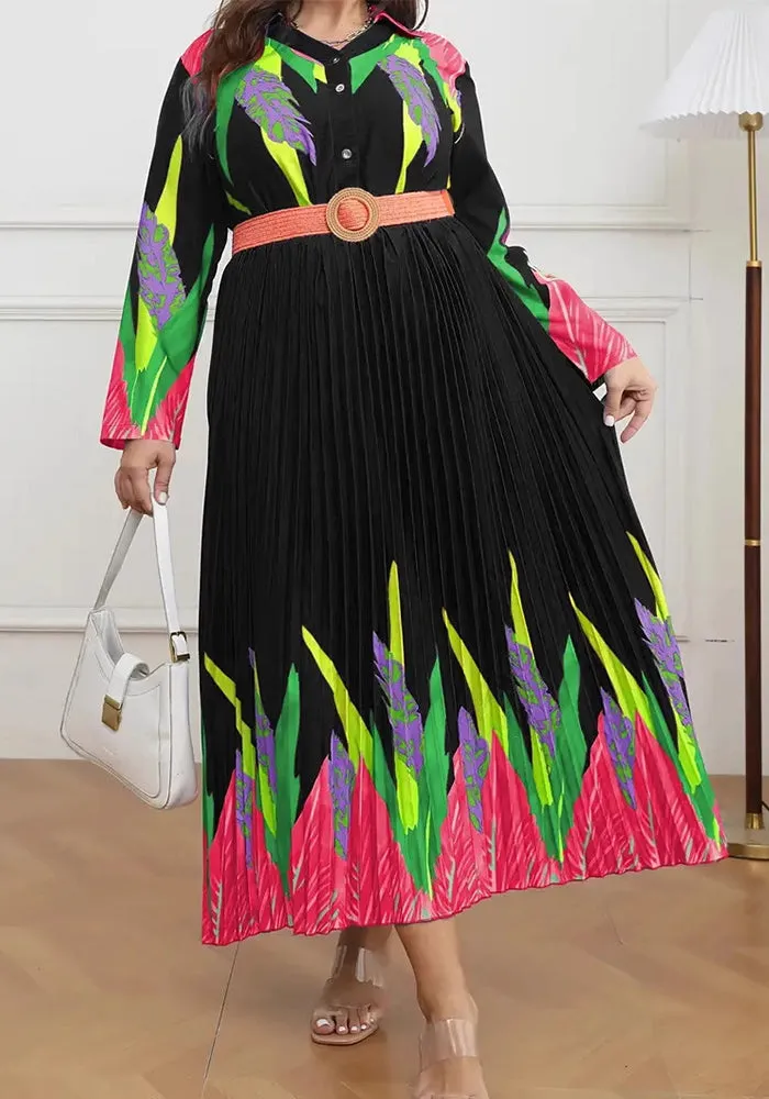 Elegant Floral Print Pleated Maxi Dress with Belt