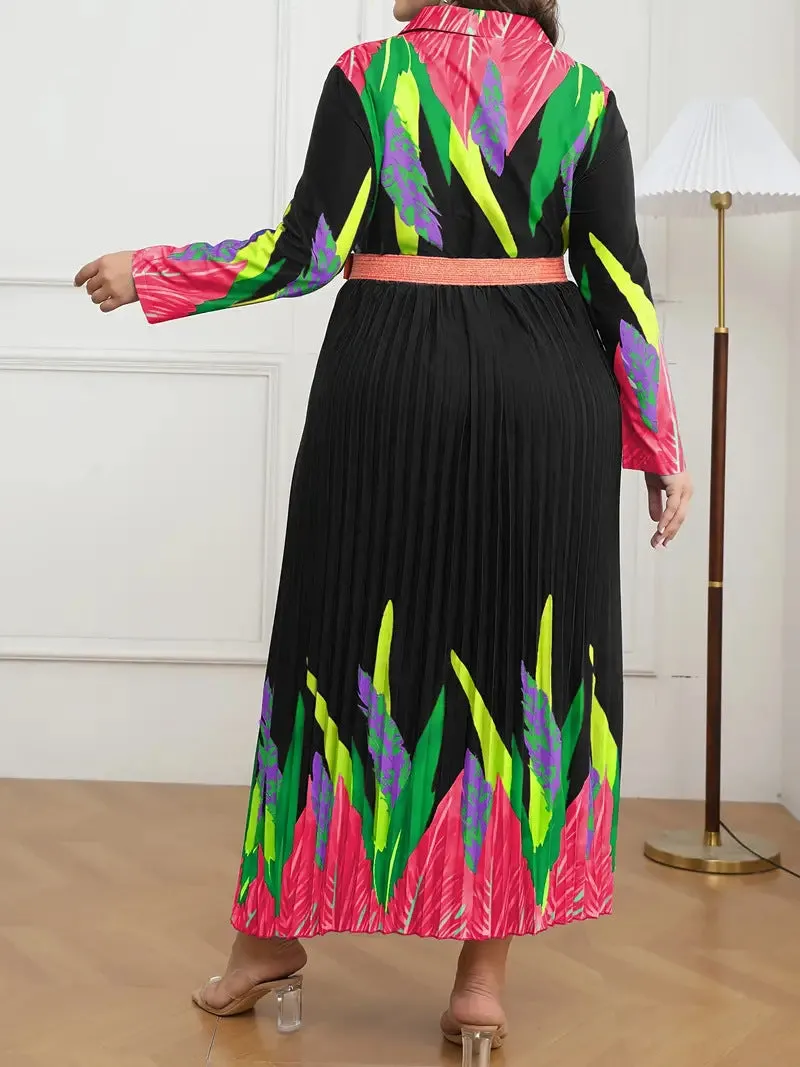 Elegant Floral Print Pleated Maxi Dress with Belt