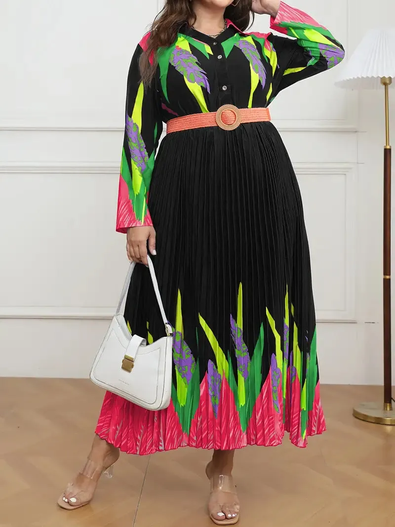 Elegant Floral Print Pleated Maxi Dress with Belt
