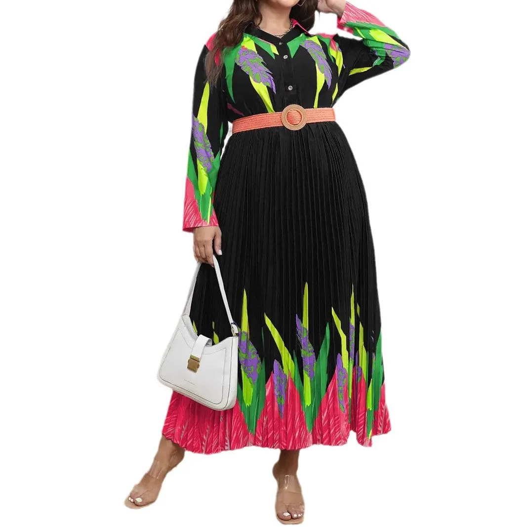 Elegant Floral Print Pleated Maxi Dress with Belt