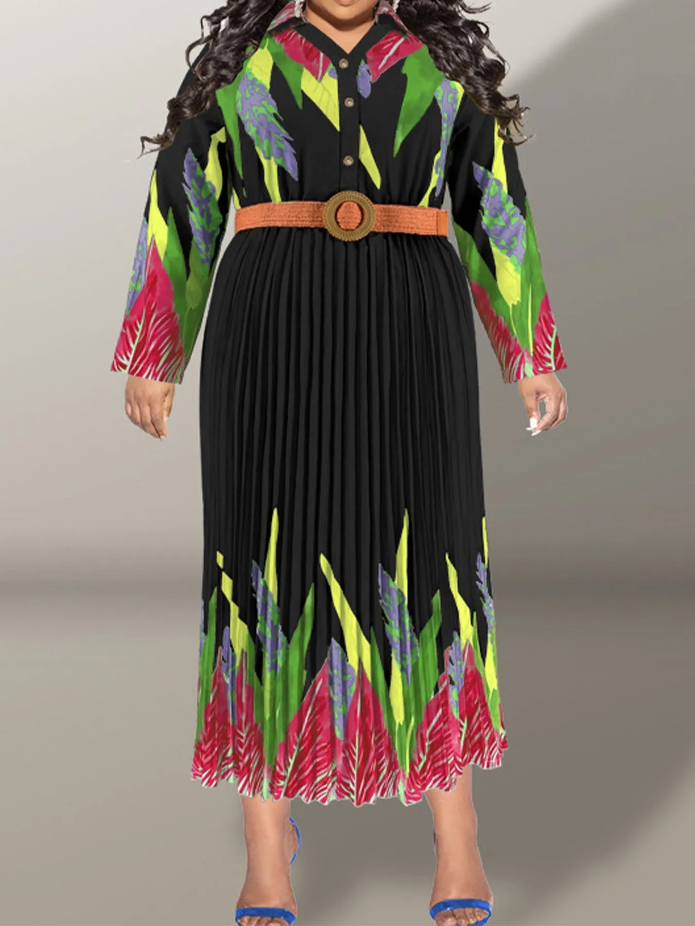 Elegant Floral Print Pleated Maxi Dress with Belt