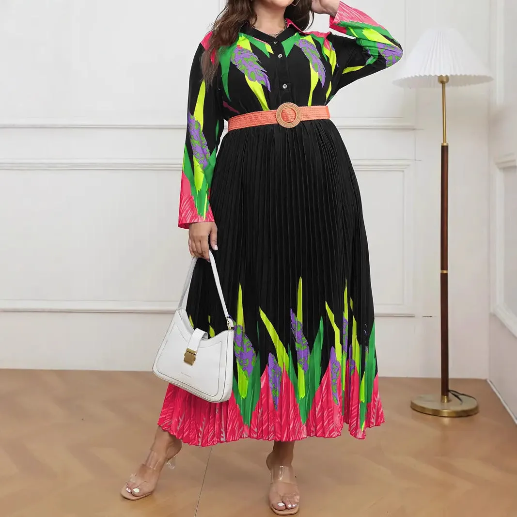 Elegant Floral Print Pleated Maxi Dress with Belt