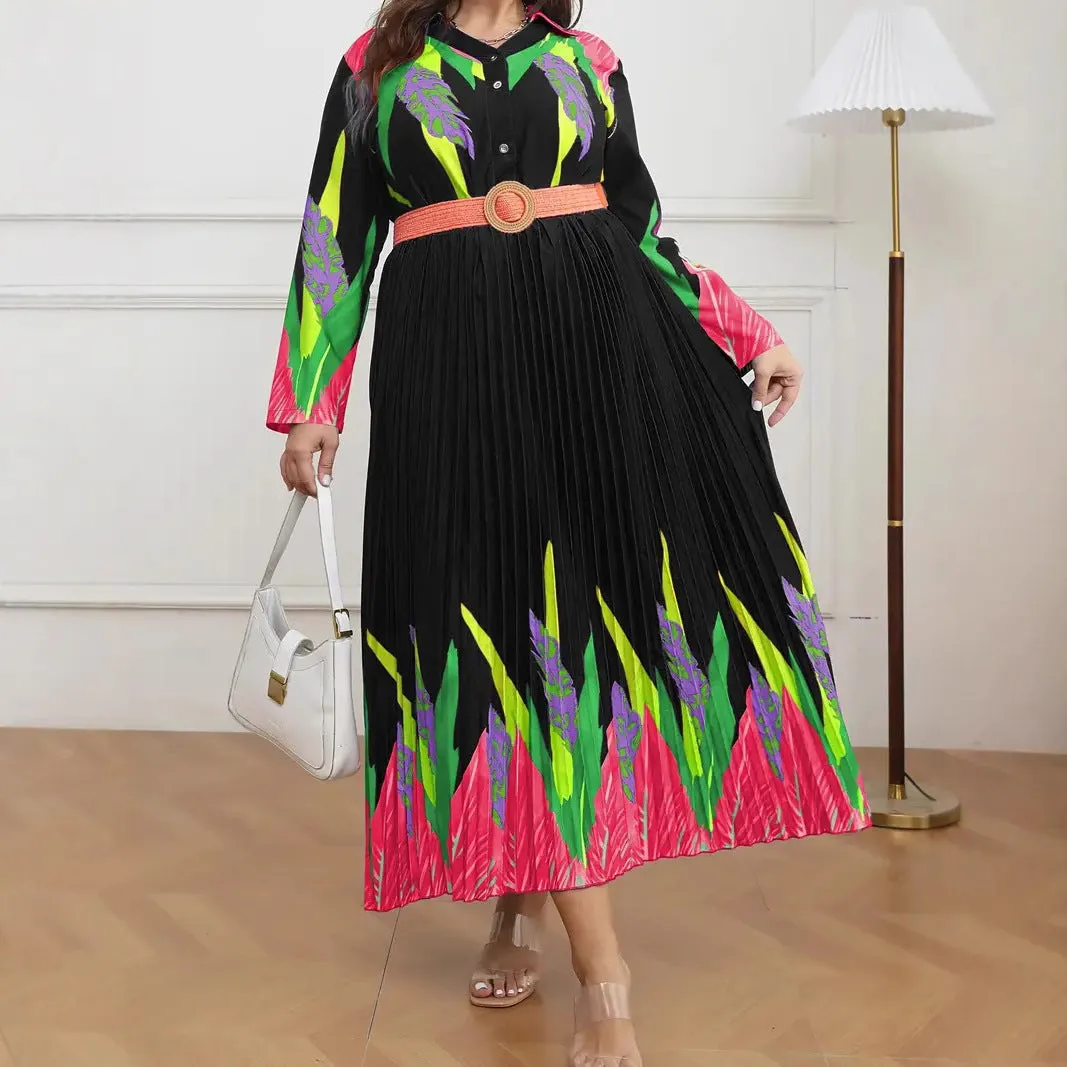 Elegant Floral Print Pleated Maxi Dress with Belt