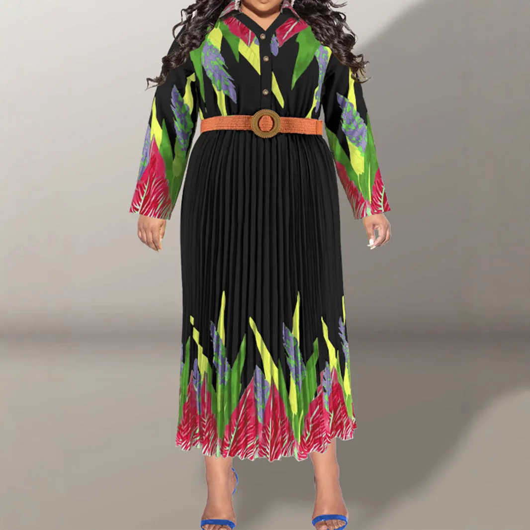 Elegant Floral Print Pleated Maxi Dress with Belt