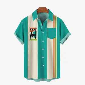 Geometric Cat Print Chest Pocket Short Sleeve Shirt