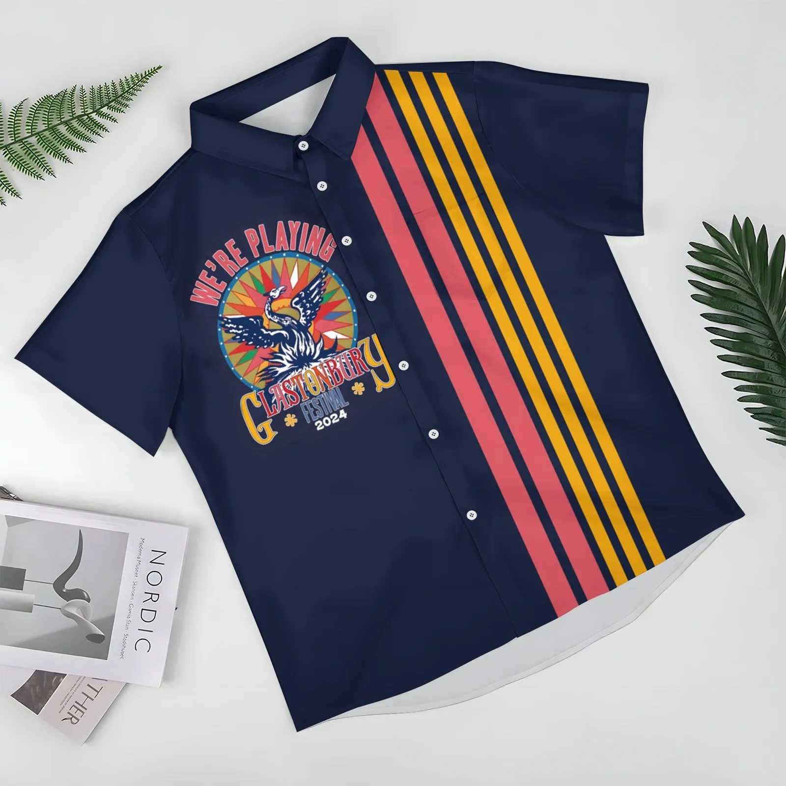 Glastonbury Festival Inspired Art Printed Bowling Short Sleeve Shirt 2404000885