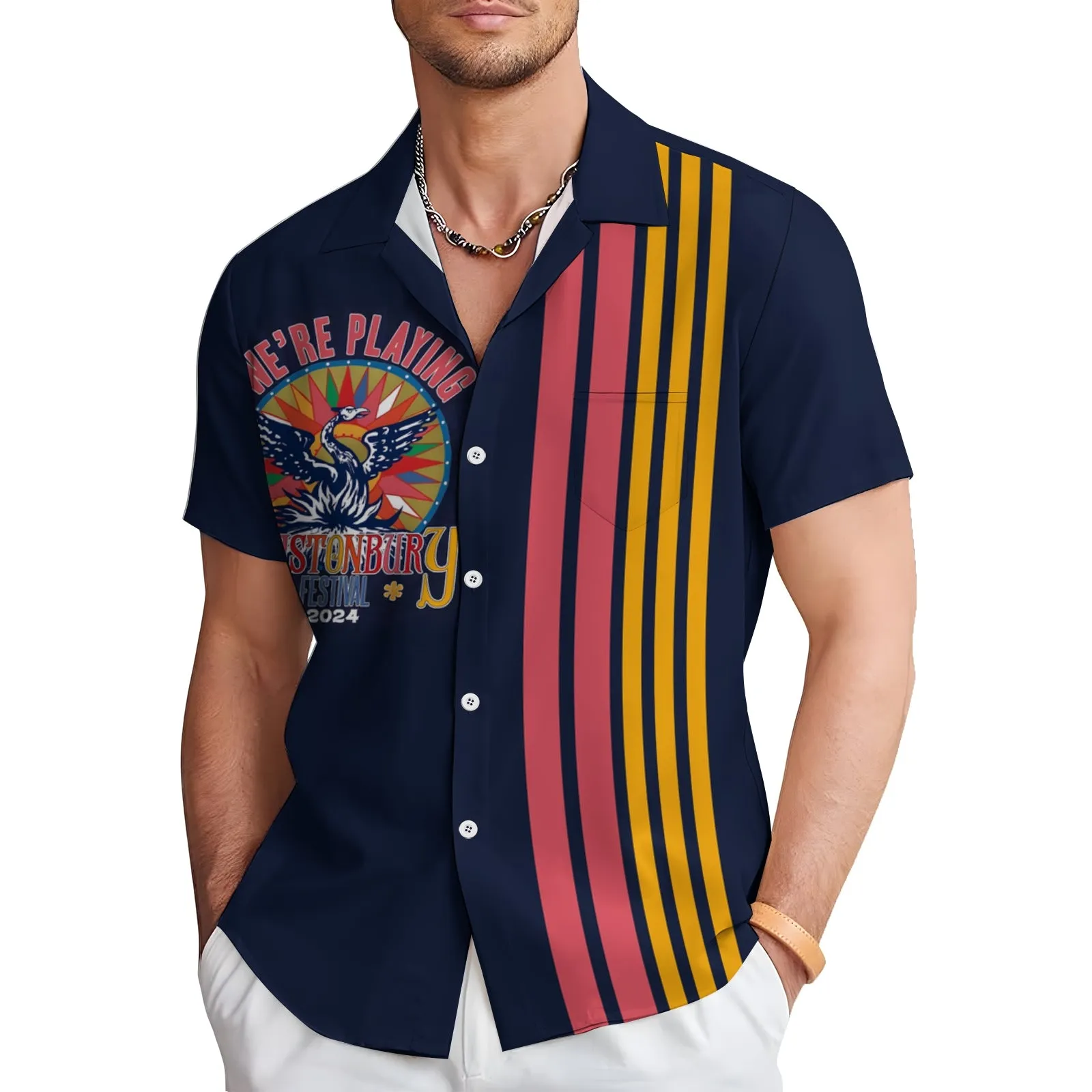 Glastonbury Festival Inspired Art Printed Bowling Short Sleeve Shirt 2404000885