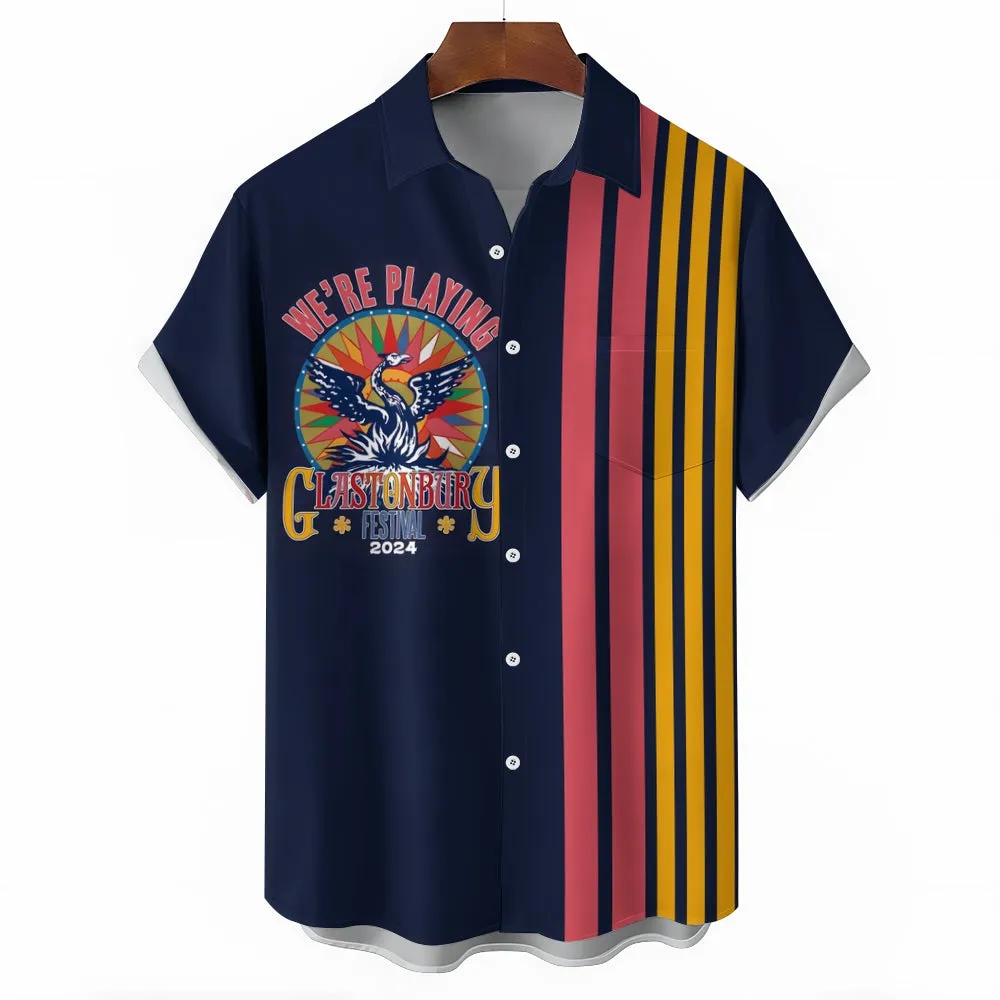 Glastonbury Festival Inspired Art Printed Bowling Short Sleeve Shirt 2404000885