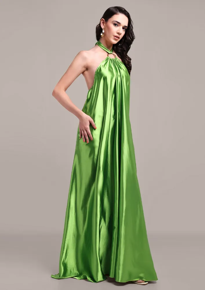 Green Halterneck Backless Maxi Dress