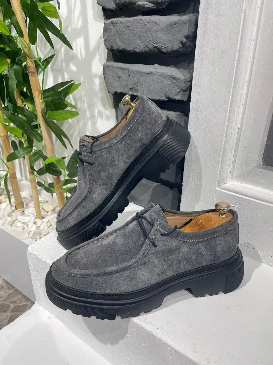 Grey Suede Casual High Sole Shoes