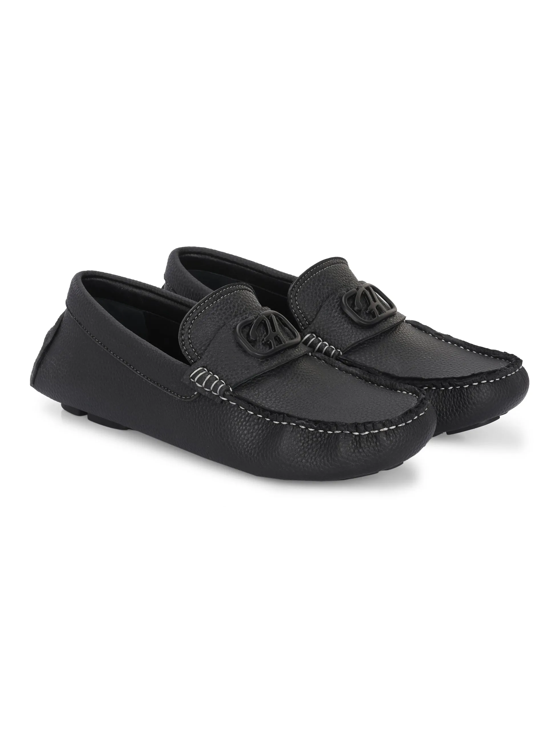 Hitz Men's Black Leather Casual Loafers