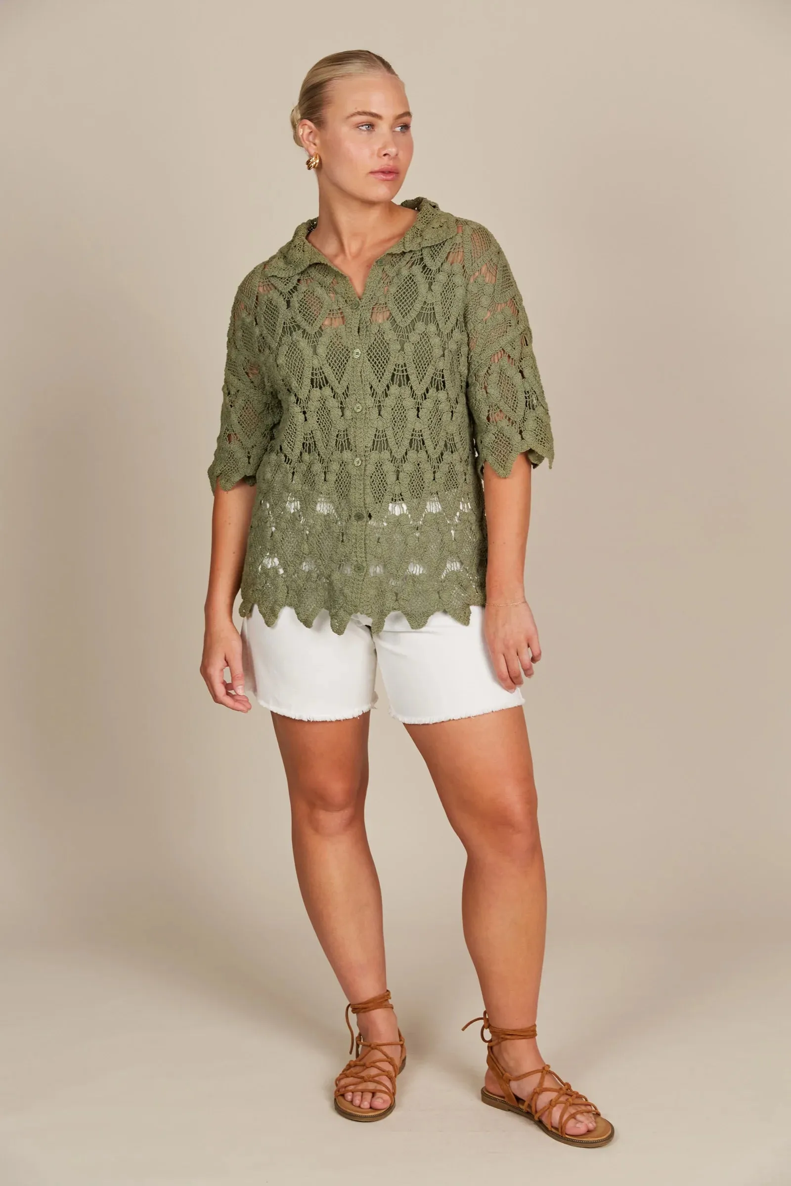Lace Knit Beach Shirt - Olive