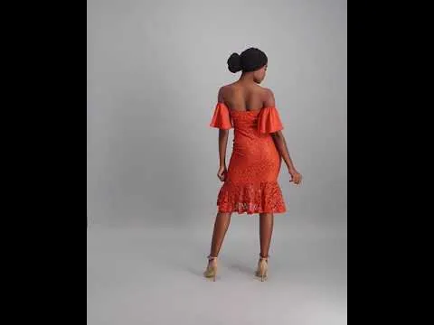 Ladies Bodycon with Chiffon Sleeve & Flounce - Rust