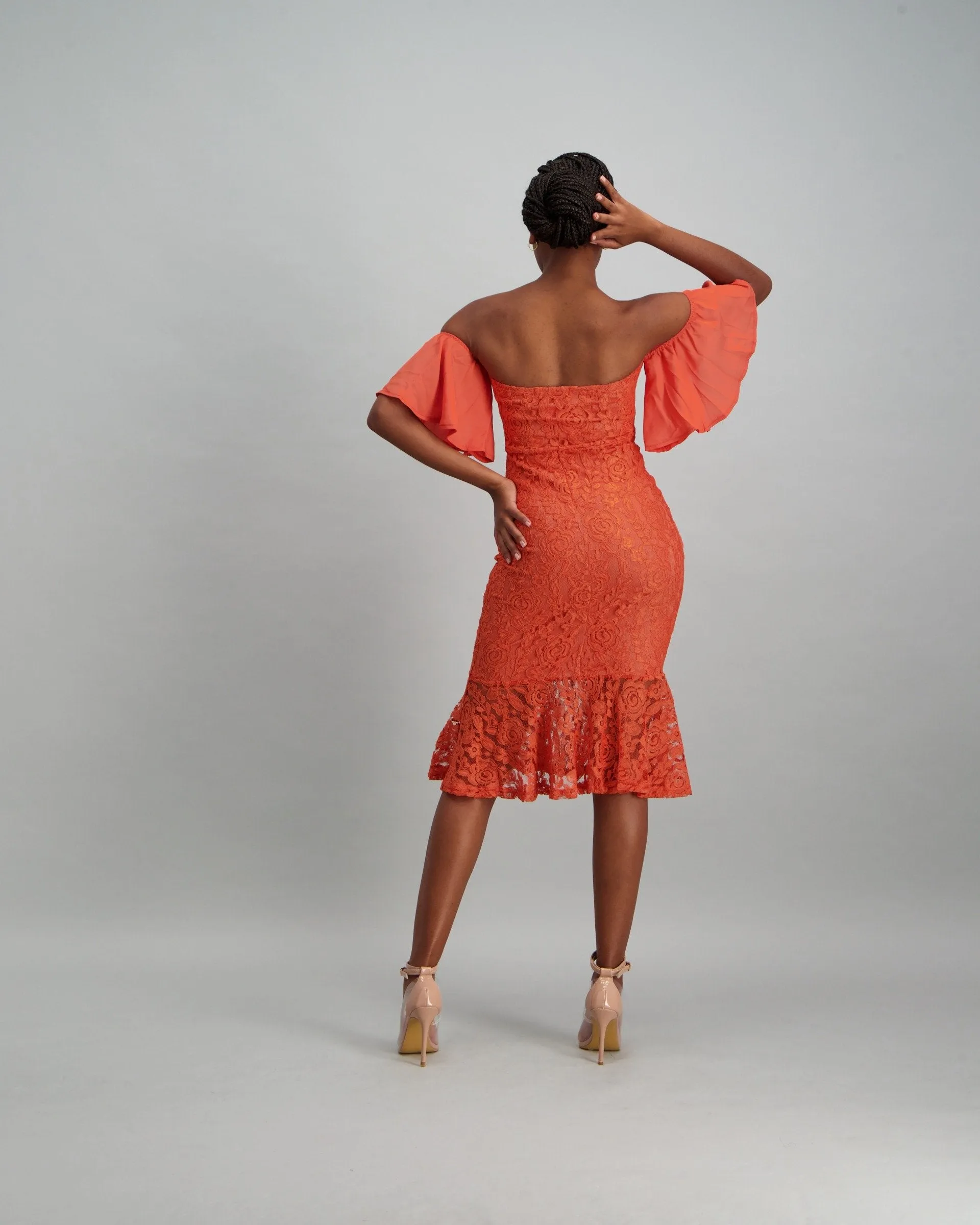 Ladies Bodycon with Chiffon Sleeve & Flounce - Rust