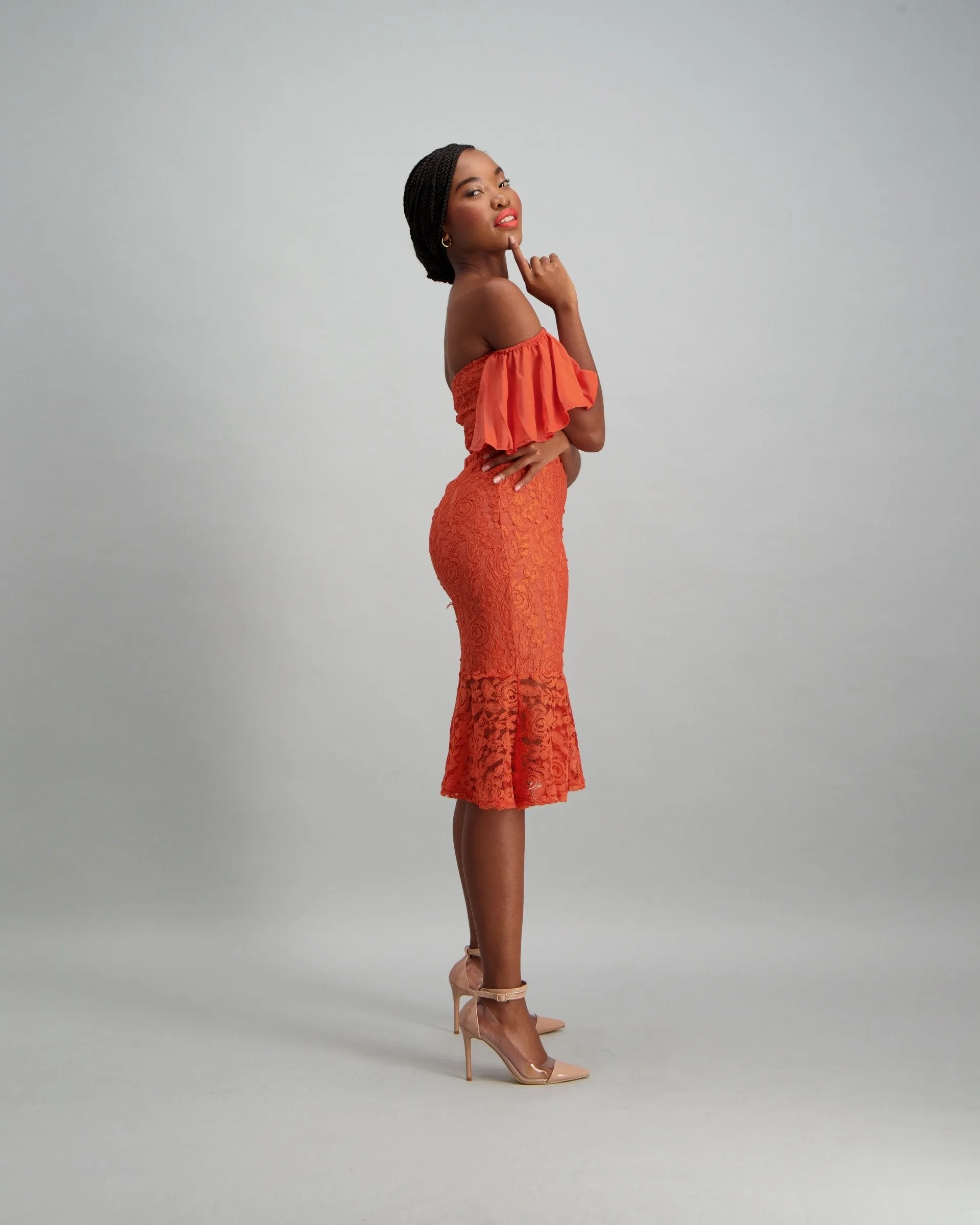 Ladies Bodycon with Chiffon Sleeve & Flounce - Rust