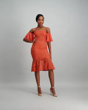 Ladies Bodycon with Chiffon Sleeve & Flounce - Rust