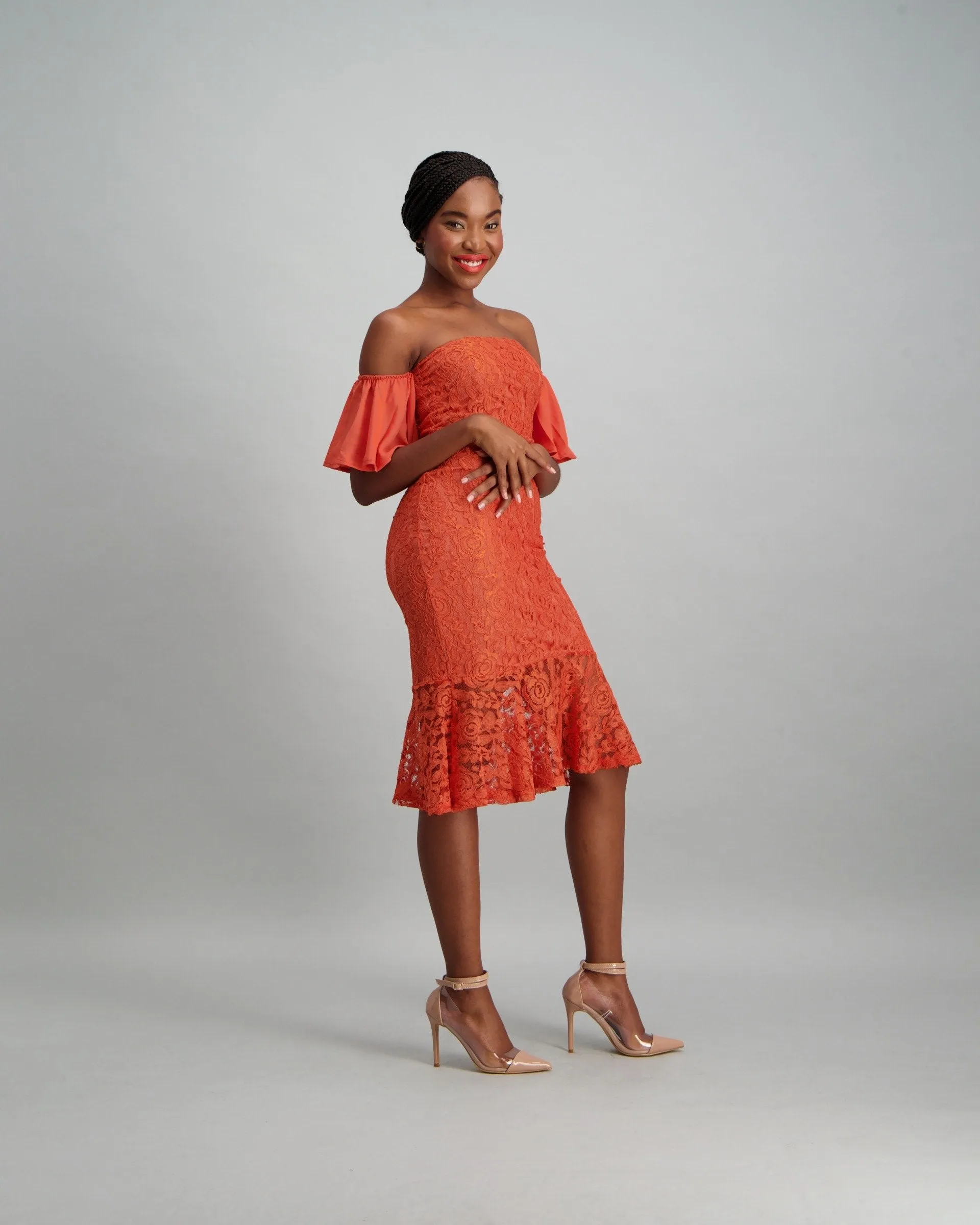 Ladies Bodycon with Chiffon Sleeve & Flounce - Rust