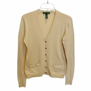 Lauren Ralph Lauren Cream V Neck Long Sleeve Lightweight Cotton Cardigan Small