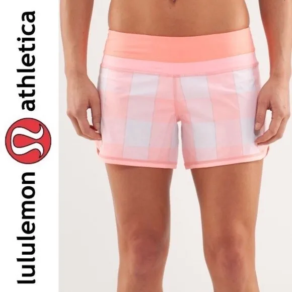 Lululemon Coral Gingham Groovy Run Short Gros Gingham Bleached Coral Pink Pop 6