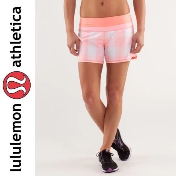 Lululemon Coral Gingham Groovy Run Short Gros Gingham Bleached Coral Pink Pop 6