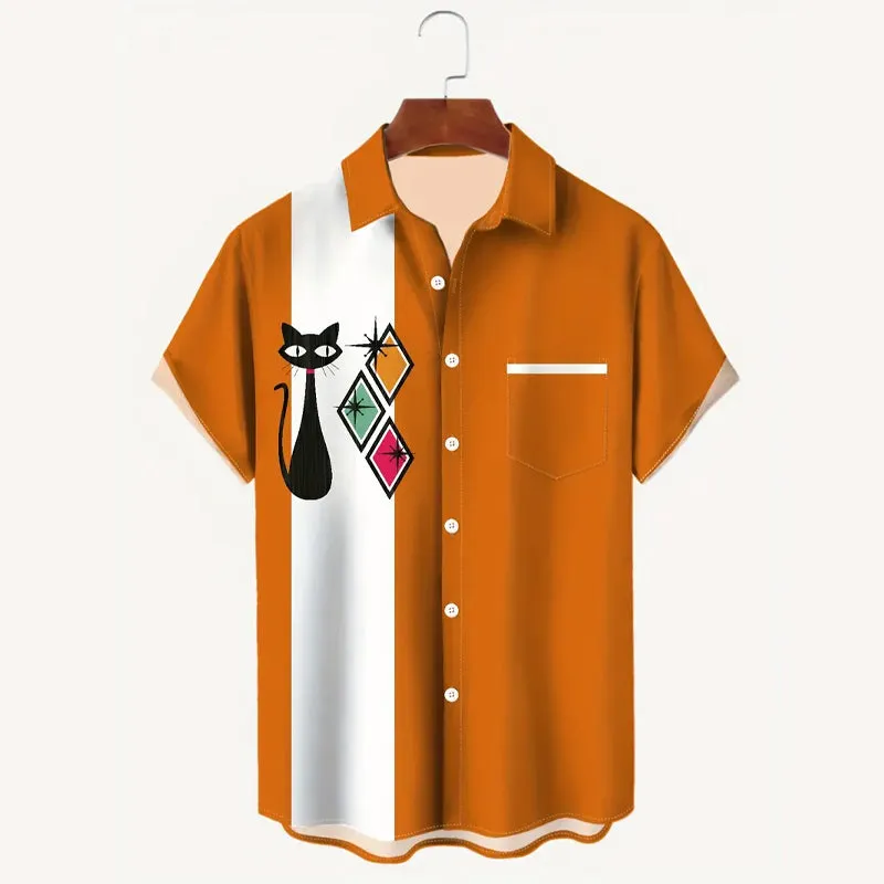 Men's Color Matching Cat Graphic Print Shirt