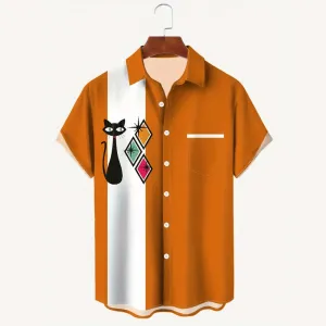 Men's Color Matching Cat Graphic Print Shirt