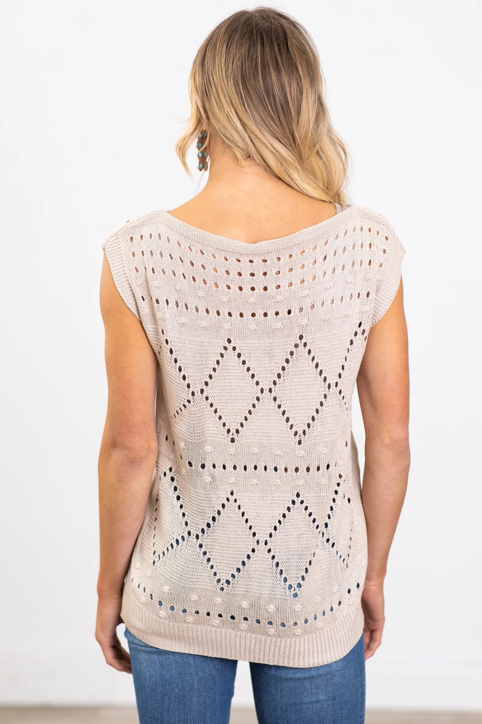 Mocha Pointelle Cap Sleeve Lightweight Sweater