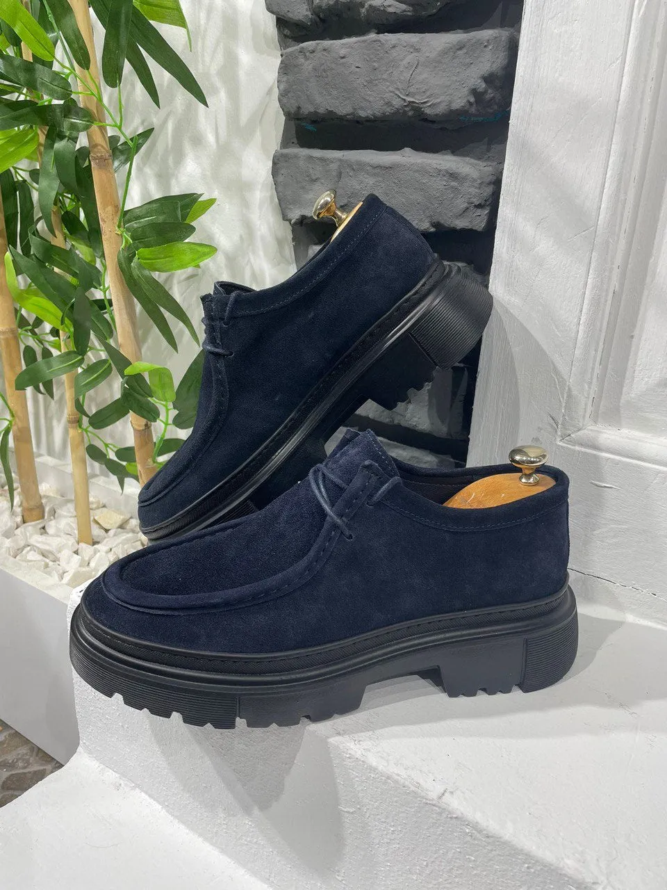 Navy Blue Suede Casual High Sole Shoes