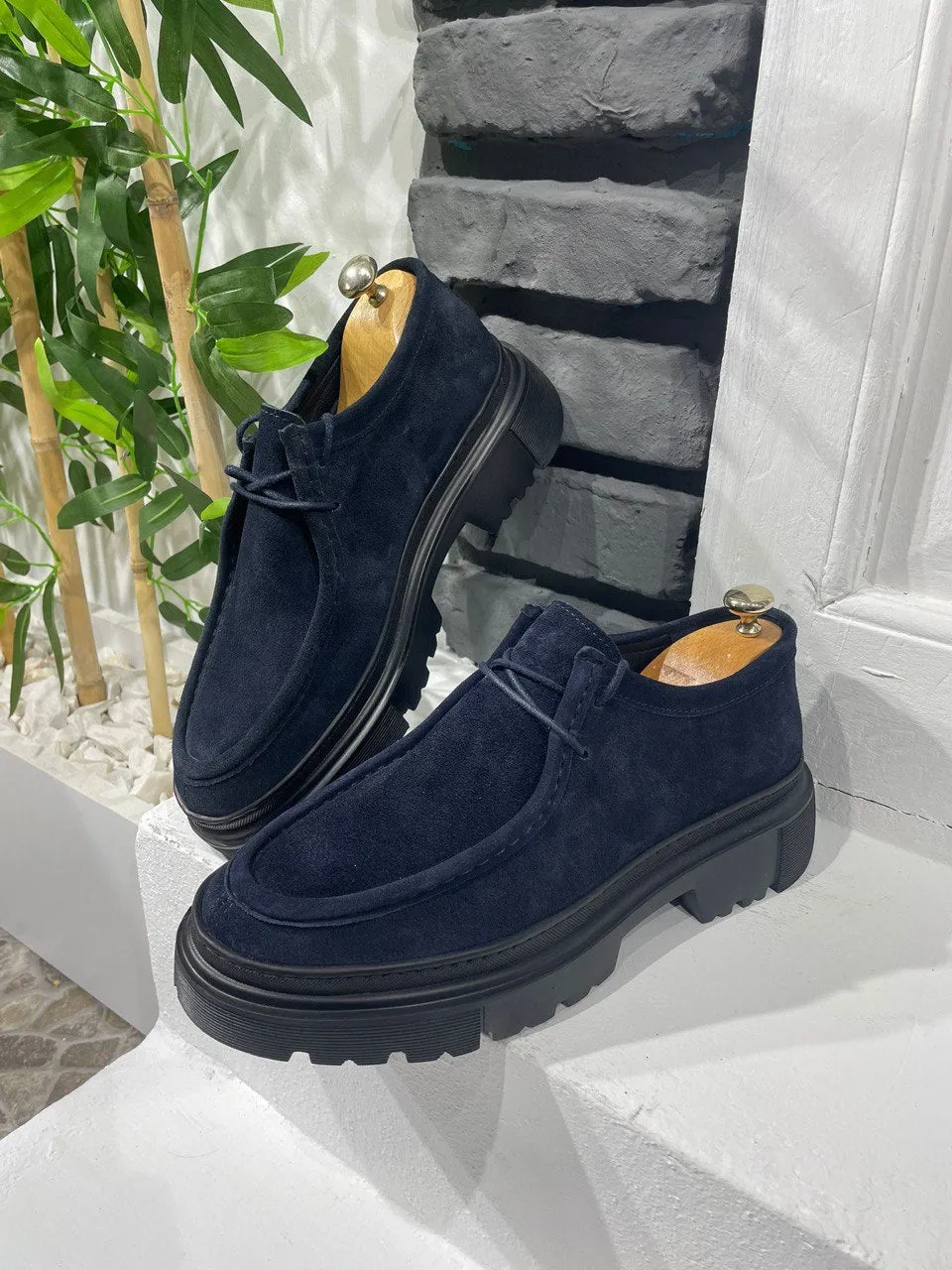 Navy Blue Suede Casual High Sole Shoes