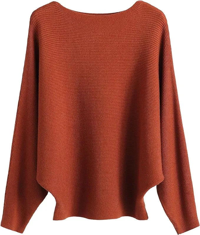 New GABERLY Boat Neck Batwing Sleeves Dolman Lightweight Knit Pullover Top for Women One Size Fits up to XL Burnt Orange
