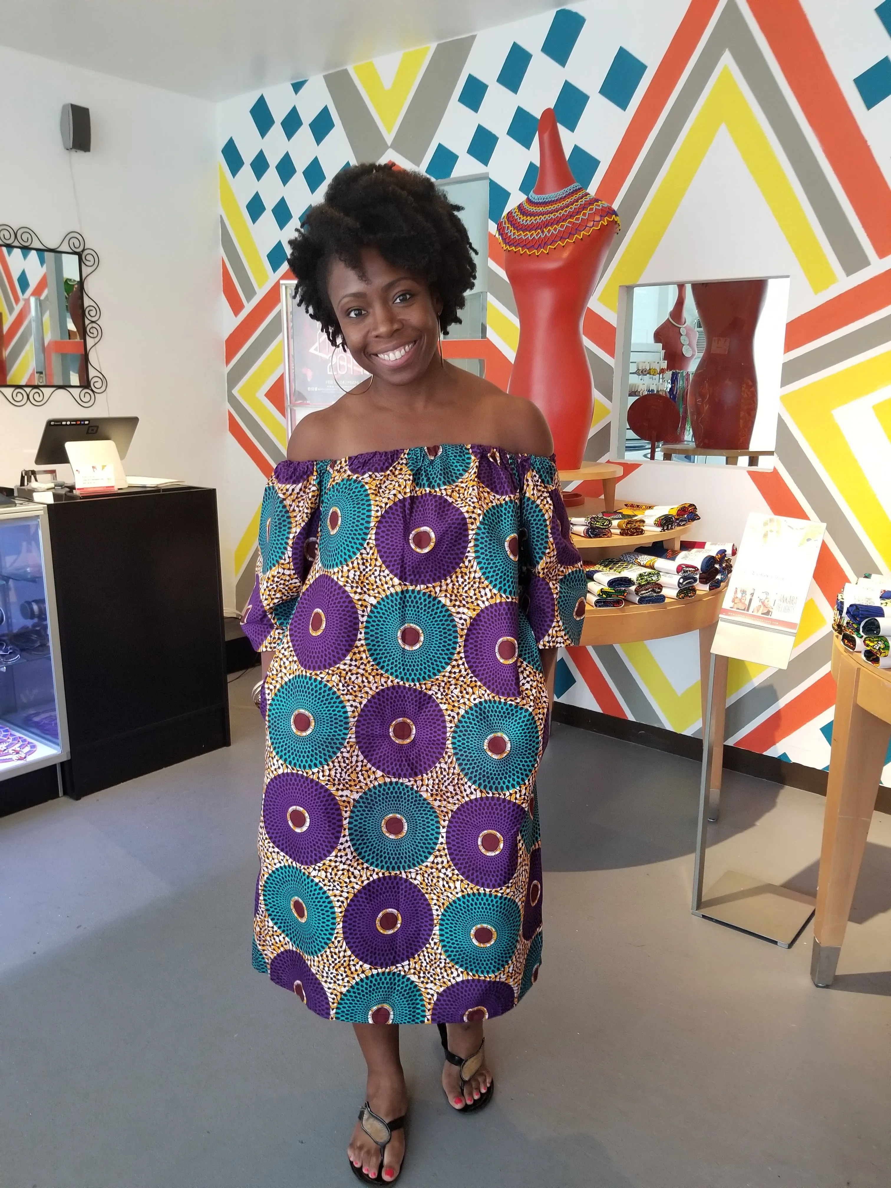 Off Shoulder Ankara Circle Print Shift Dress
