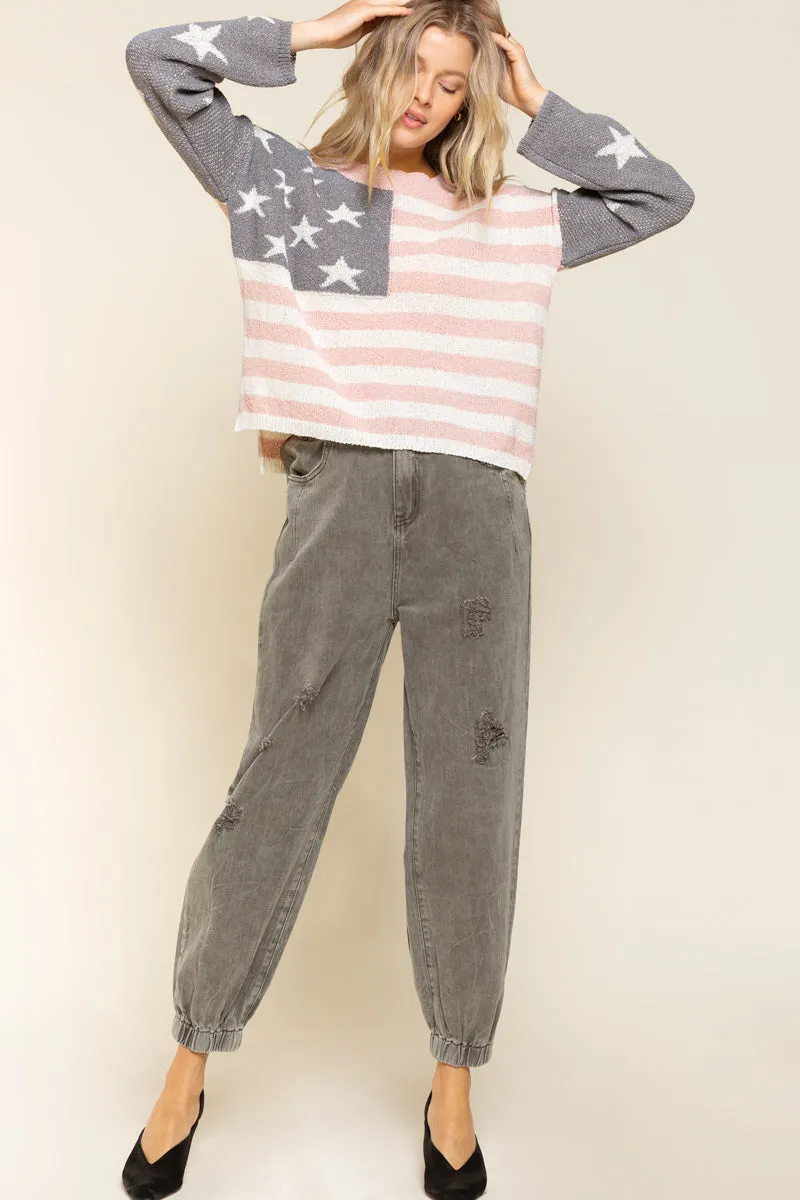Pink/Grey American Flag Lightweight Sweater