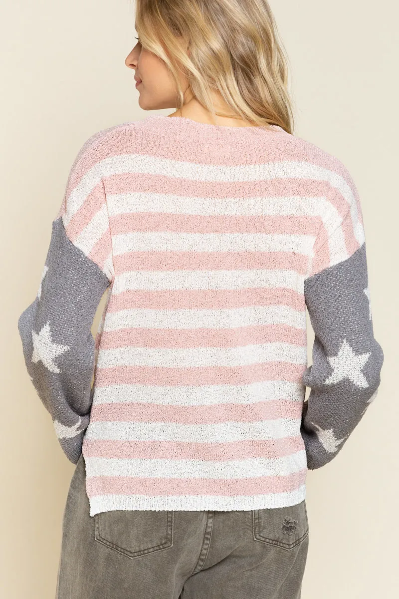 Pink/Grey American Flag Lightweight Sweater