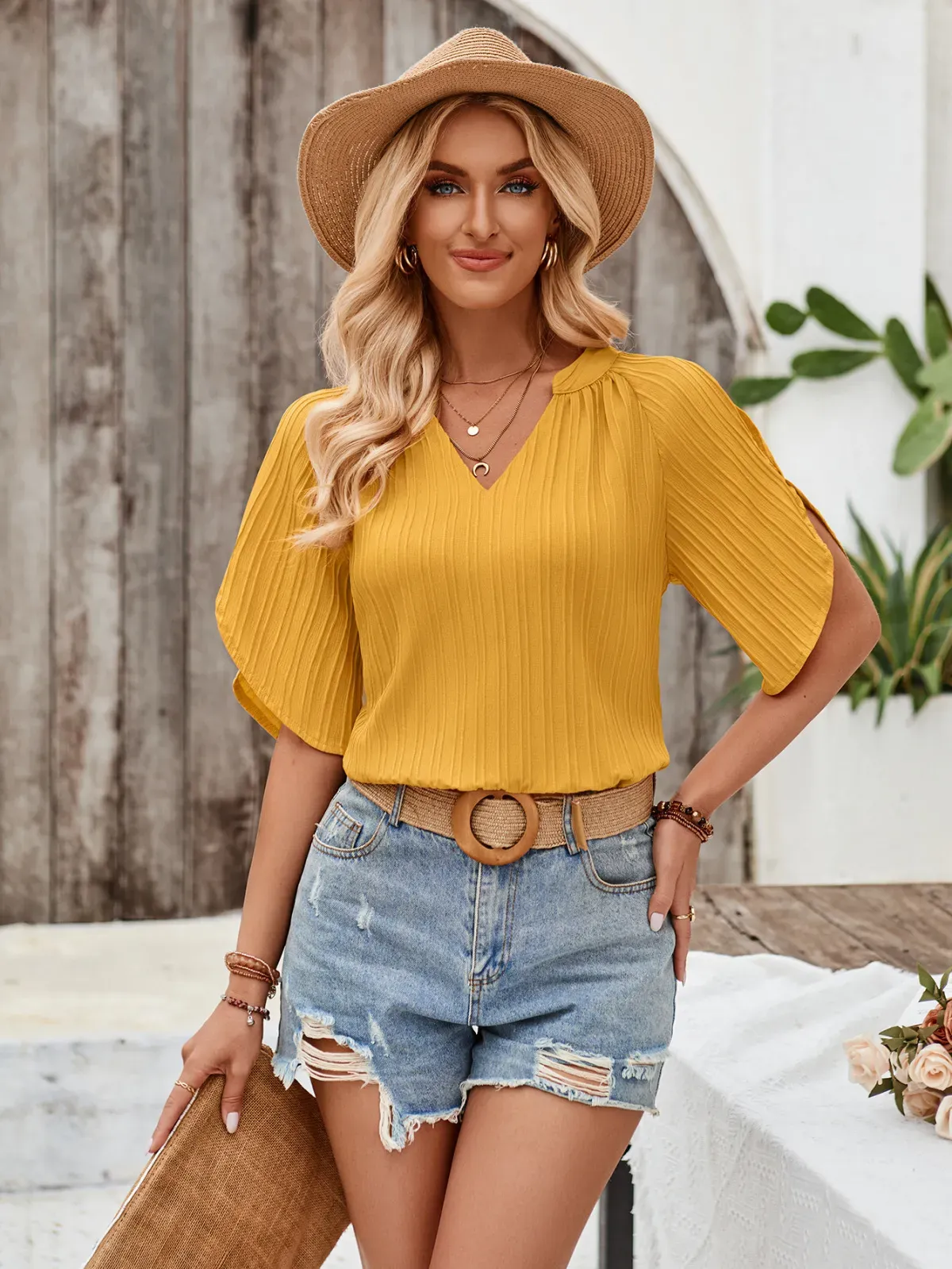 Rush Hour Split Sleeve Textured V-Neck Blouse