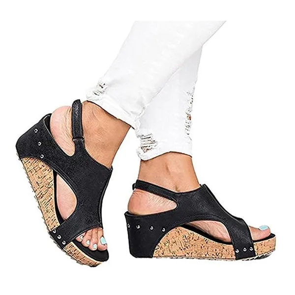 Sandals Peep Toe PU Belt Buckle Blocking Hook-Loop Wedges Sandals Summer Shoes Heel Sandal Arashi