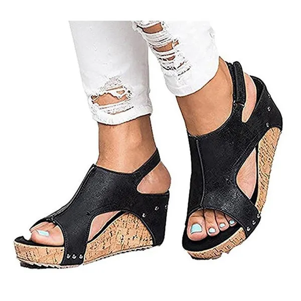 Sandals Peep Toe PU Belt Buckle Blocking Hook-Loop Wedges Sandals Summer Shoes Heel Sandal Arashi